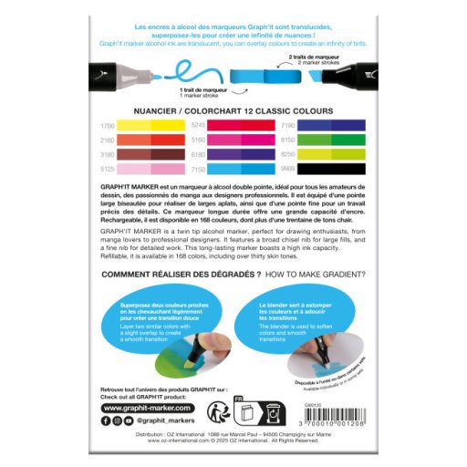 GRAPH'IT kétvégű alkoholos marker, 12 db-os készlet - Klasszikus színek