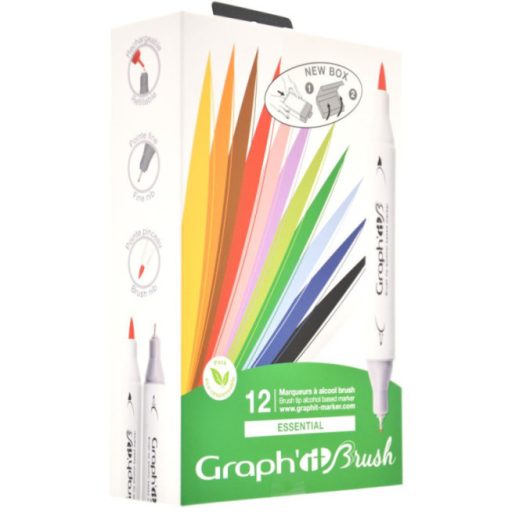GRAPH'IT Brush kétvégű alkoholos marker, 12 db-os készlet - Alapszínek